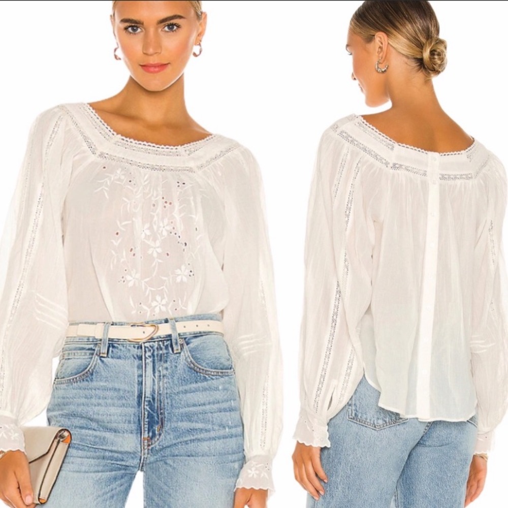 Free People Faraway Fields Lace Trim Blouse Small